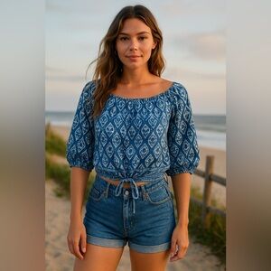 Anthropologie Faithfull The Brand Blue Peasant Crop Blouse XS Hippie Coastal